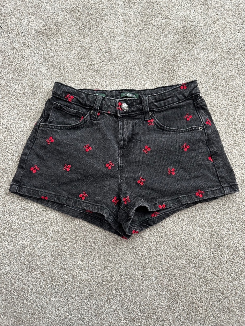 Black Denim Cherry Embroidered High Rise Shorts